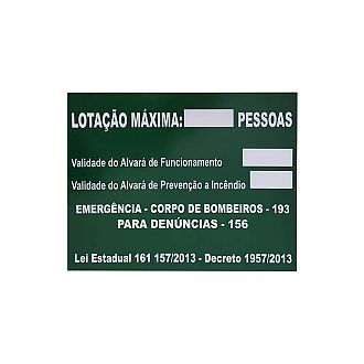 Placa lotação máxima com lei do bombeiro de Santa Catarina de PVC 50 x 40 cm