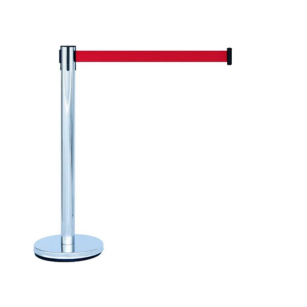 Pedestal organizador de fila cromado em inox com fita retrátil vermelha